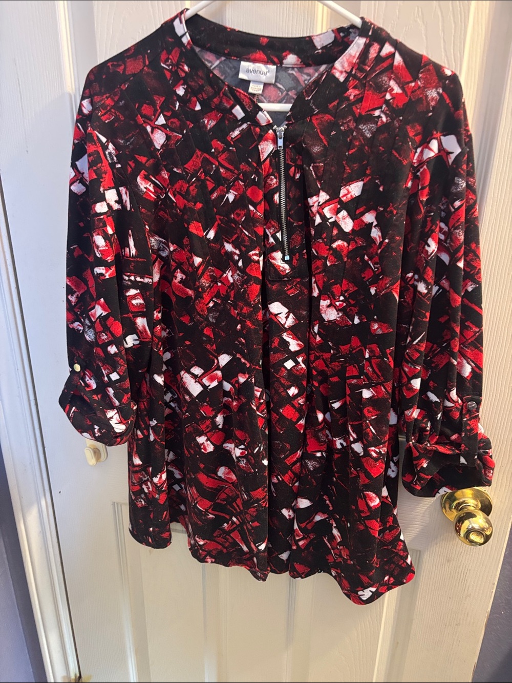 Avenue Black & Red Abstract Zip-Front Blazer Blouse